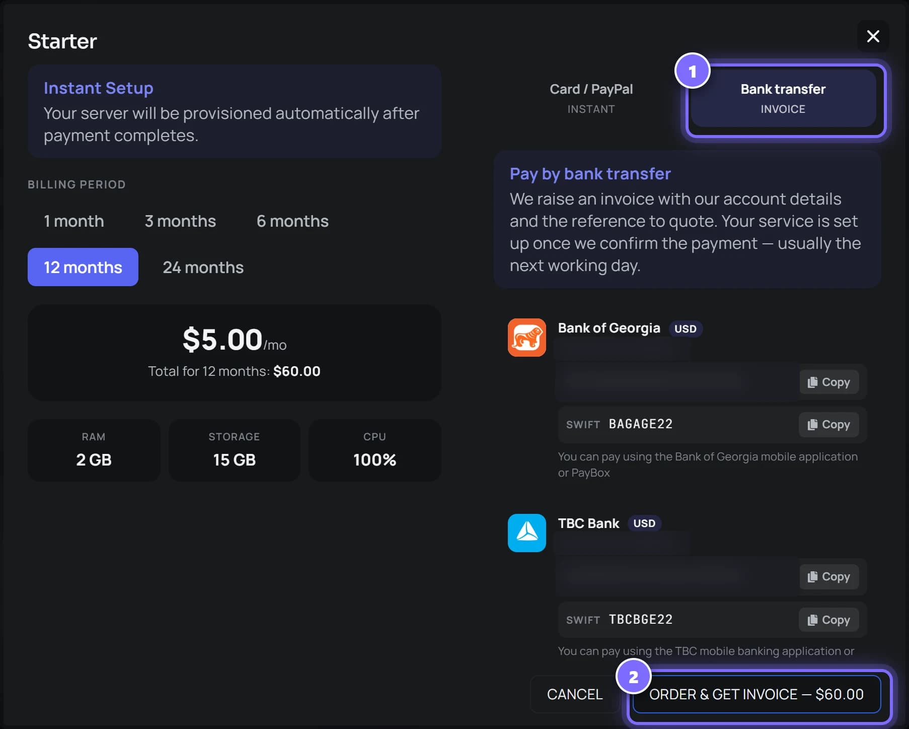 Pokladna na záložce Bank transfer se skrytými bankovními údaji a tlačítkem Order & get invoice